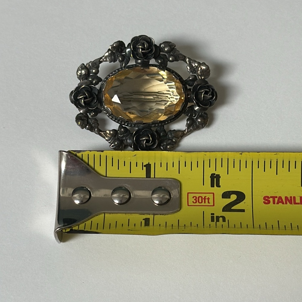 Vintage sterling silver rose frame yellow oval stone brooch pin - Picture 2 of 9